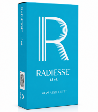 Radiesse non-lidocaine 1.5ml dermal filler product box packaging by Merz Aesthetics highlighting the lidocaine-free.