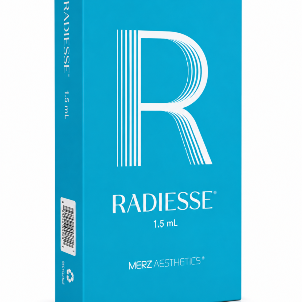 Radiesse non-lidocaine 1.5ml dermal filler product box packaging by Merz Aesthetics highlighting the lidocaine-free.