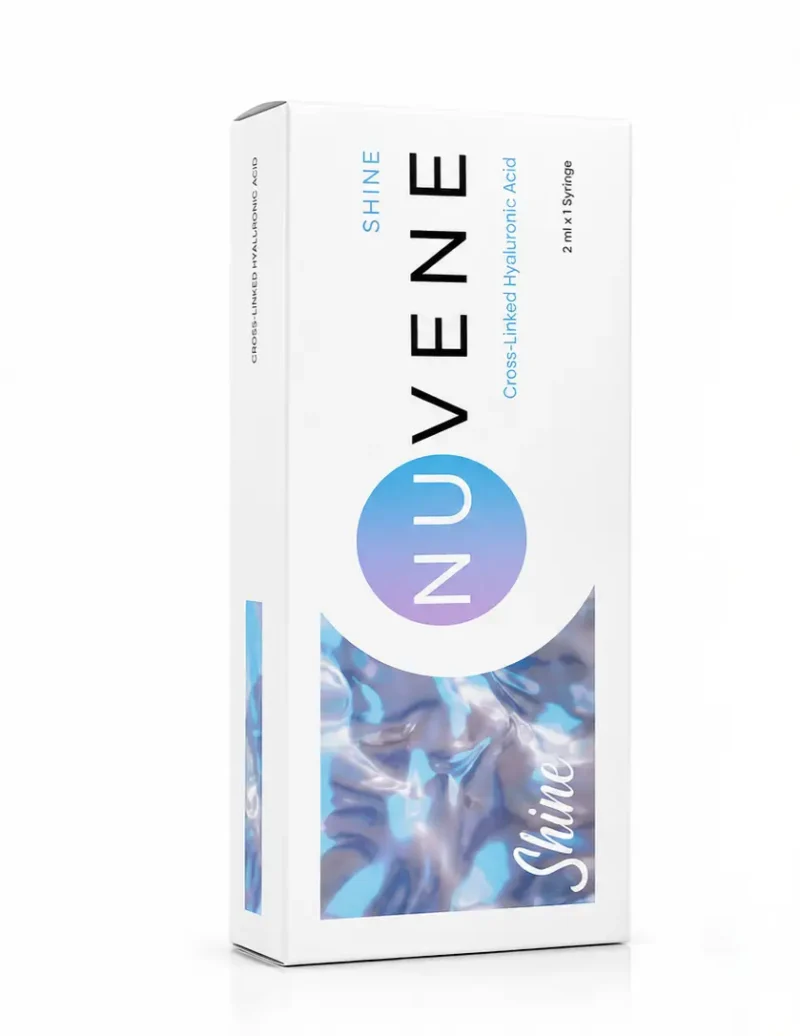 Nuvene Flex NUVENE Shine soft hybrid hyaluronic acid dermal filler packaging showing 2ml pre-filled syringe and 31G 13mm needle specifications
