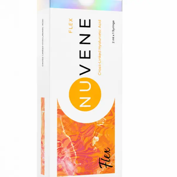 NUVENE Flex hybrid hyaluronic acid skin booster and dermal filler 2.7ml single packaging box displaying syringe volume specifications.