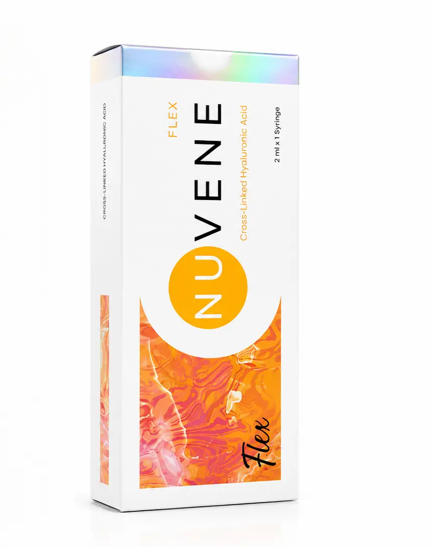 Nuvene Shine NUVENE Flex hybrid hyaluronic acid skin booster and dermal filler 2.7ml single packaging box displaying syringe volume specifications.