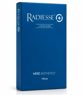 Radiesse + Lidocaine 1.5ml dermal filler product box packaging by Merz Aesthetics highlighting the single pre-filled syringe configuration.
