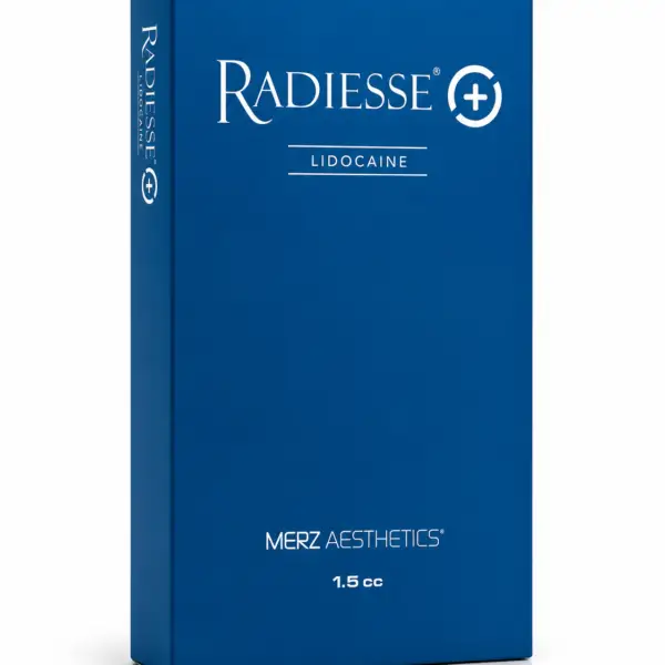 Radiesse + Lidocaine 1.5ml dermal filler product box packaging by Merz Aesthetics highlighting the single pre-filled syringe configuration.