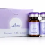 Exo Lume exosome and PDRN skin booster 1 set packaging displaying the freeze-dried exosome powder vial and the 6ml liquid activating solvent ampoule.