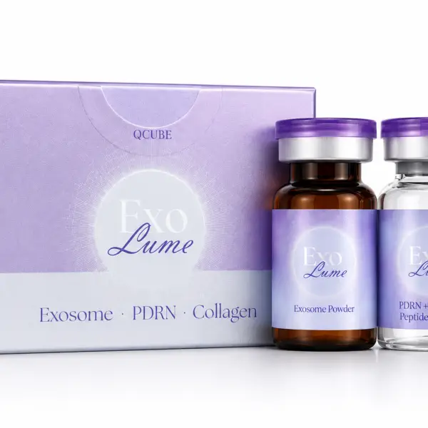 Exo Lume exosome and PDRN skin booster 1 set packaging displaying the freeze-dried exosome powder vial and the 6ml liquid activating solvent ampoule.